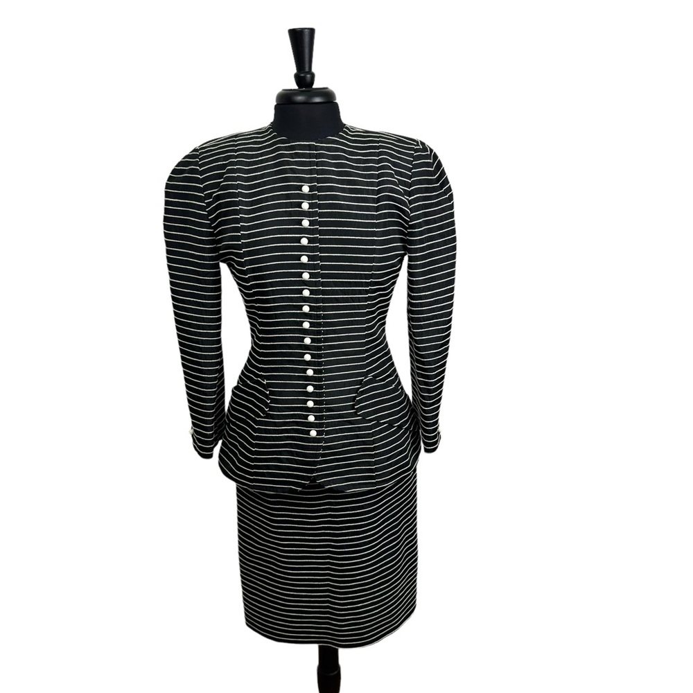 Vintage Victor Costa Matching Skirt Set 2pc Suit Set Size 10 Black Stripe